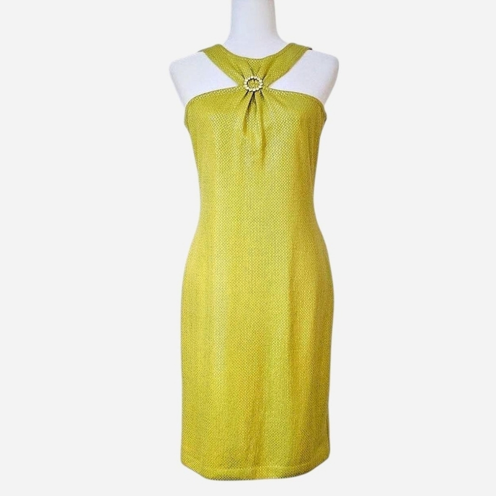 ST. JOHN Women's Greenish Yellow Textured Midi Dress With Brooch Detail. Sz 6